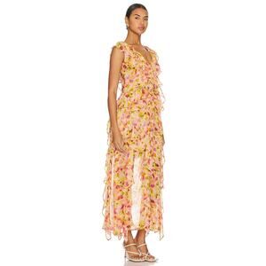 MISA Los Angeles Claudita Golden Floral Ruffle Chiffon Garden Maxi NWT $490 XS